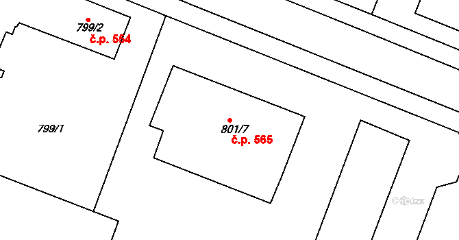 Modřice 565 na parcele st. 801/7 v KÚ Modřice, Katastrální mapa