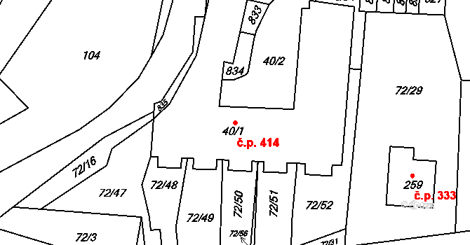 Tuchoměřice 414 na parcele st. 40/1 v KÚ Tuchoměřice, Katastrální mapa