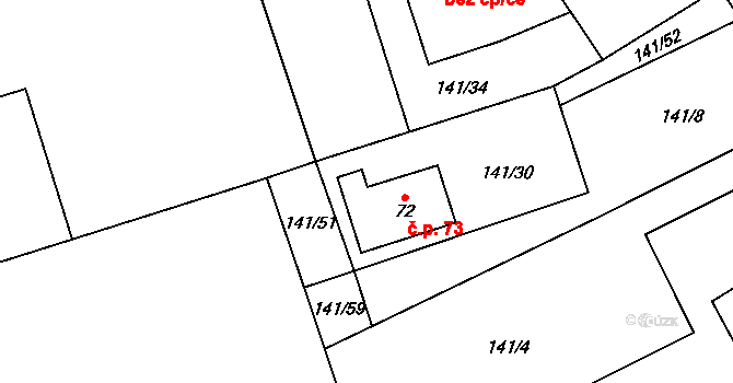 Podbrdy 73 na parcele st. 72 v KÚ Podbrdy, Katastrální mapa