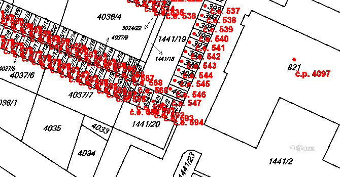Příluky 547, Zlín na parcele st. 402 v KÚ Příluky u Zlína, Katastrální mapa