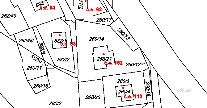 Tušimice 162, Kadaň na parcele st. 260/21 v KÚ Tušimice, Katastrální mapa