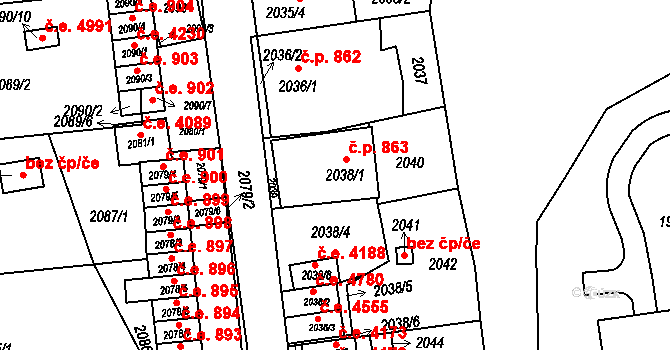 Jihlava 863 na parcele st. 2038/1 v KÚ Jihlava, Katastrální mapa