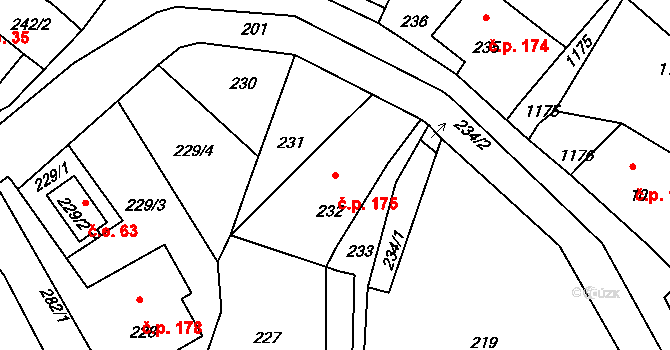 Chřibská 175 na parcele st. 232 v KÚ Chřibská, Katastrální mapa