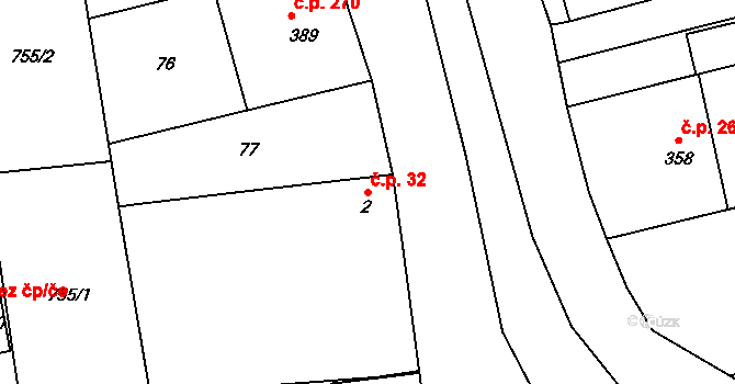 Louky 32, Zlín na parcele st. 2 v KÚ Louky nad Dřevnicí, Katastrální mapa