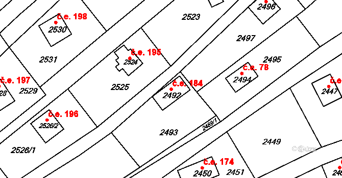 Buchlovice 184 na parcele st. 2492 v KÚ Buchlovice, Katastrální mapa