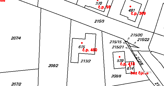 Byšice 460 na parcele st. 615 v KÚ Byšice, Katastrální mapa