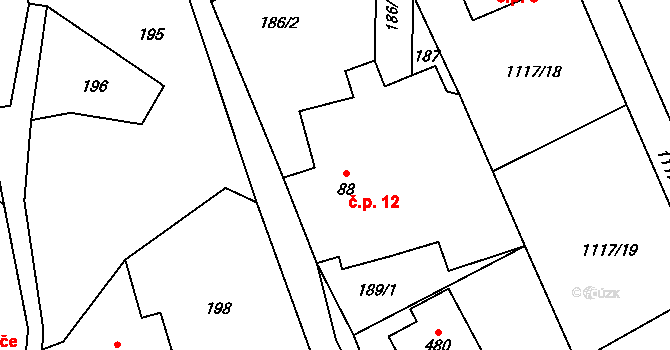 Dolní Holetín 12, Holetín na parcele st. 88/1 v KÚ Dolní Holetín, Katastrální mapa