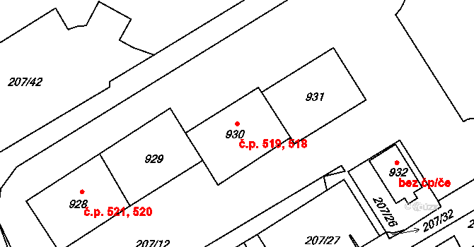 Horní Bříza 518,519 na parcele st. 930 v KÚ Horní Bříza, Katastrální mapa