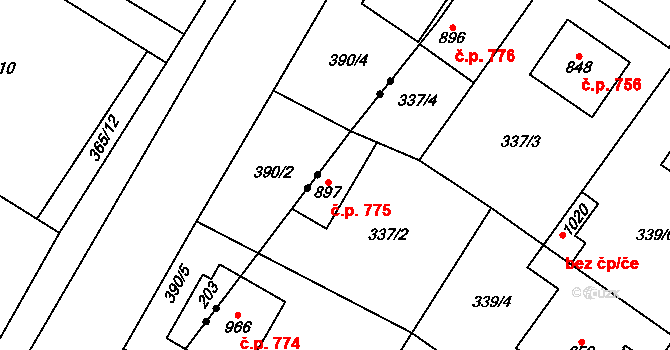 Kostelec nad Labem 775 na parcele st. 897 v KÚ Kostelec nad Labem, Katastrální mapa