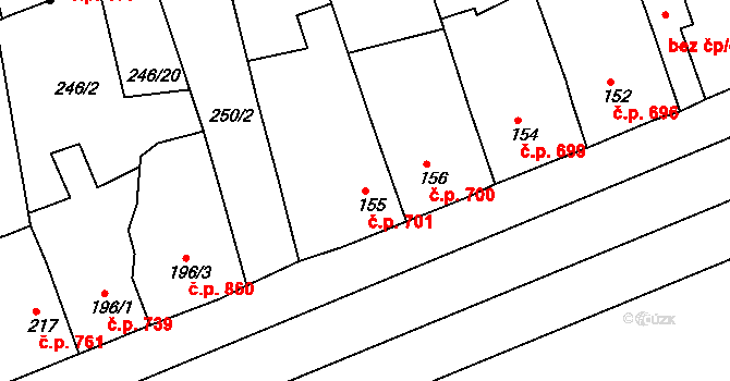 Rudná 701 na parcele st. 155 v KÚ Hořelice, Katastrální mapa