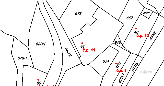 Hráz 11, Měčín na parcele st. 44 v KÚ Třebýcina, Katastrální mapa