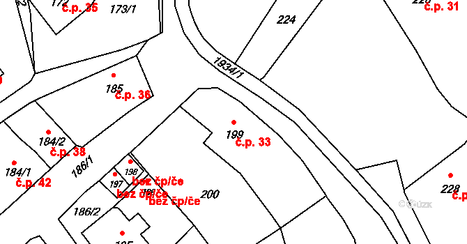 Postřelmov 33 na parcele st. 199 v KÚ Postřelmov, Katastrální mapa