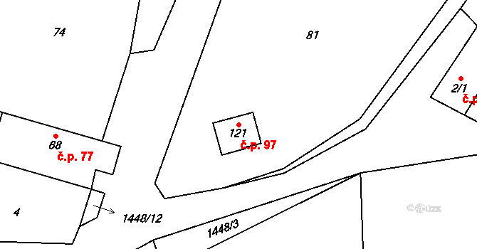 Doubravice 97 na parcele st. 121 v KÚ Doubravice u Strakonic, Katastrální mapa