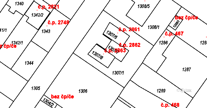 České Budějovice 3 2863, České Budějovice na parcele st. 1307/8 v KÚ České Budějovice 3, Katastrální mapa