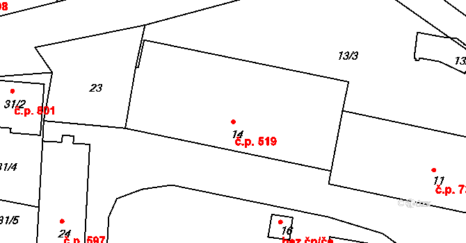 Klobouky u Brna 519 na parcele st. 14 v KÚ Klobouky u Brna, Katastrální mapa