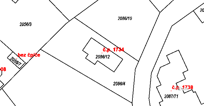 Radotín 1734, Praha na parcele st. 2086/12 v KÚ Radotín, Katastrální mapa