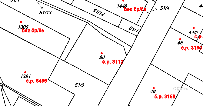 Jihlava 3112 na parcele st. 86 v KÚ Bedřichov u Jihlavy, Katastrální mapa