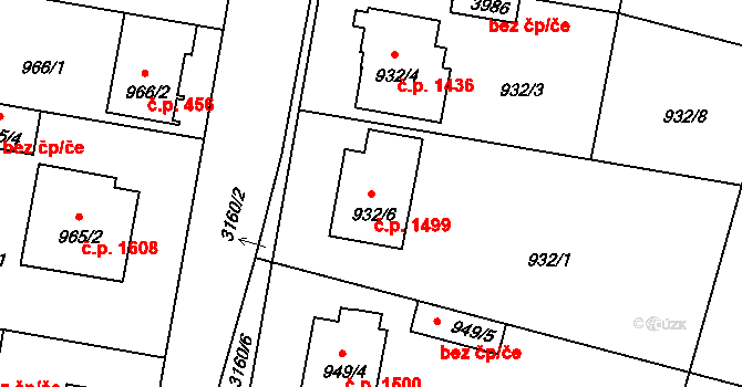 Čelákovice 1499 na parcele st. 932/6 v KÚ Čelákovice, Katastrální mapa