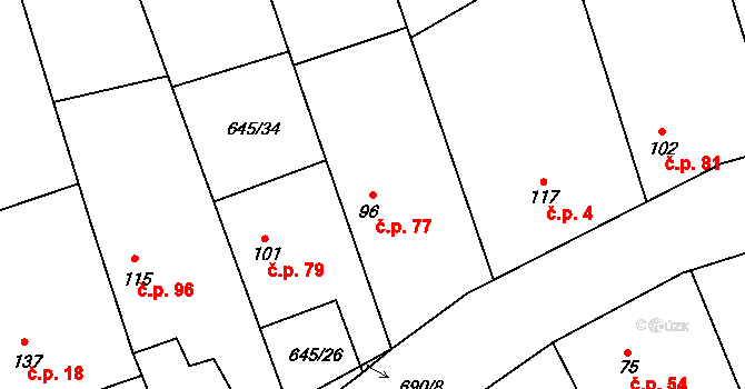 Hořešovice 77 na parcele st. 96/1 v KÚ Hořešovice, Katastrální mapa