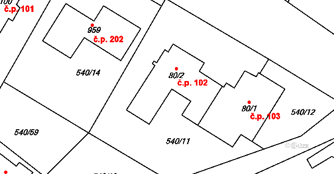 Ládví 102, Kamenice na parcele st. 80/2 v KÚ Ládví, Katastrální mapa