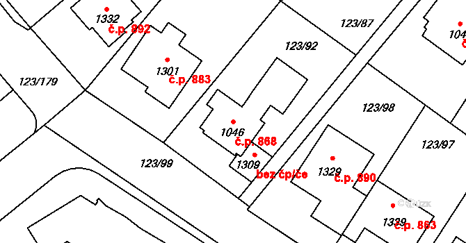 Rozdělov 868, Kladno na parcele st. 1046 v KÚ Rozdělov, Katastrální mapa