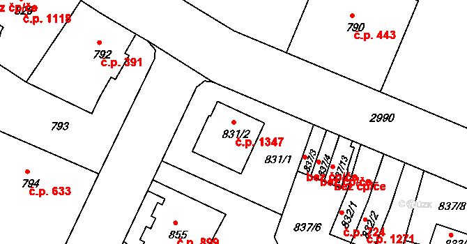Děčín II-Nové Město 1347, Děčín na parcele st. 831/2 v KÚ Děčín, Katastrální mapa
