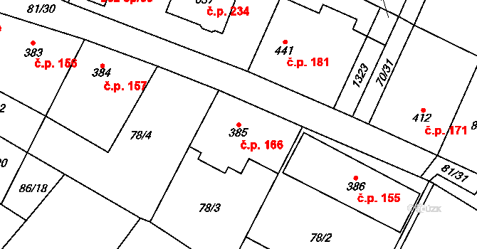 Hrdlořezy 166 na parcele st. 385 v KÚ Hrdlořezy u Mladé Boleslavi, Katastrální mapa