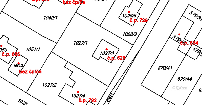Kosmonosy 629 na parcele st. 1027/3 v KÚ Kosmonosy, Katastrální mapa