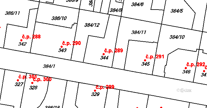 Smiřice 289 na parcele st. 344 v KÚ Smiřice, Katastrální mapa