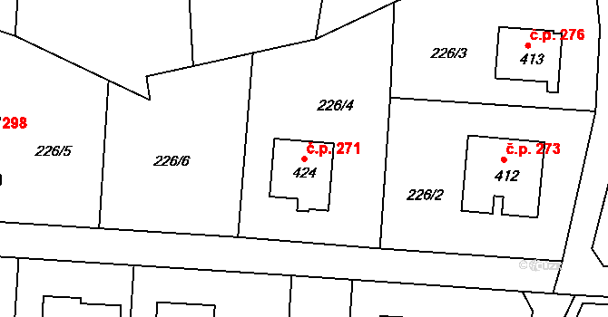 Bystřička 271 na parcele st. 424 v KÚ Bystřička II, Katastrální mapa