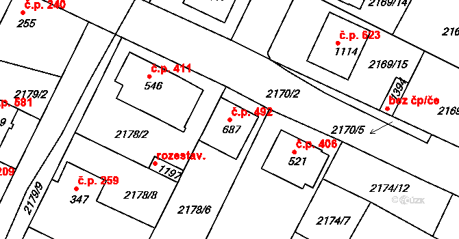 Zliv 492 na parcele st. 687 v KÚ Zliv u Českých Budějovic, Katastrální mapa