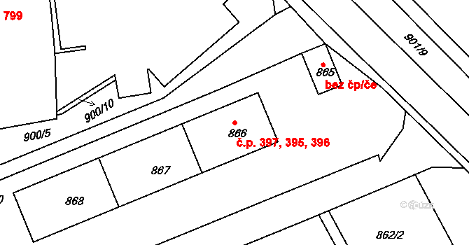 Miřetice u Klášterce nad Ohří 395,396,397, Klášterec nad Ohří na parcele st. 866 v KÚ Miřetice u Klášterce nad Ohří, Katastrální mapa