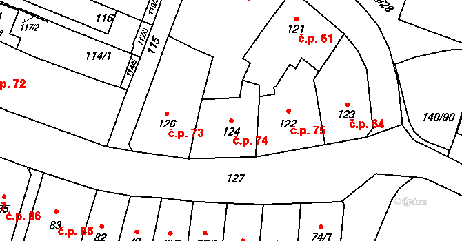 Fryštát 74, Karviná na parcele st. 124 v KÚ Karviná-město, Katastrální mapa