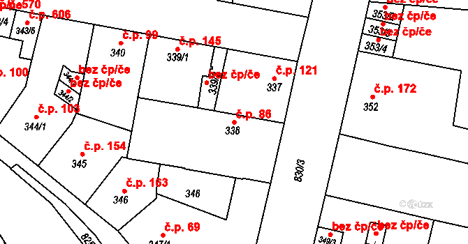 Doudlevce 86, Plzeň na parcele st. 338 v KÚ Doudlevce, Katastrální mapa