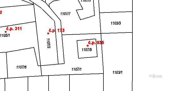 Hronov 935 na parcele st. 1107/9 v KÚ Hronov, Katastrální mapa