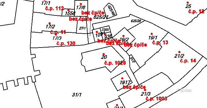 Podklášteří 1028, Třebíč na parcele st. 20 v KÚ Podklášteří, Katastrální mapa