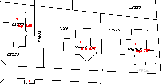 Průhonice 657 na parcele st. 536/89 v KÚ Hole u Průhonic, Katastrální mapa