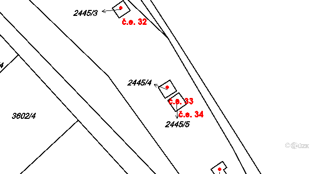 Roztoky 33 na parcele st. 2445/4 v KÚ Roztoky u Prahy, Katastrální mapa