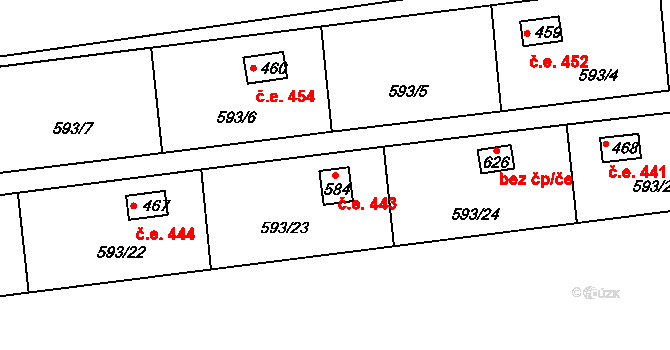 Dražice 443 na parcele st. 584 v KÚ Dražice u Tábora, Katastrální mapa
