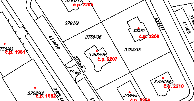 Sokolov 2207 na parcele st. 3758/56 v KÚ Sokolov, Katastrální mapa