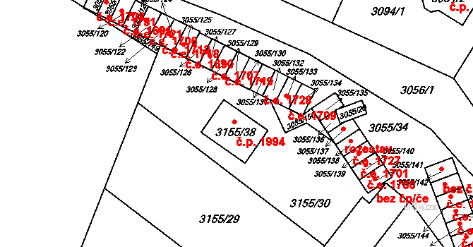 Děčín VI-Letná 1994, Děčín na parcele st. 3155/38 v KÚ Podmokly, Katastrální mapa
