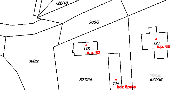 Bušanovice 62 na parcele st. 115 v KÚ Bušanovice, Katastrální mapa
