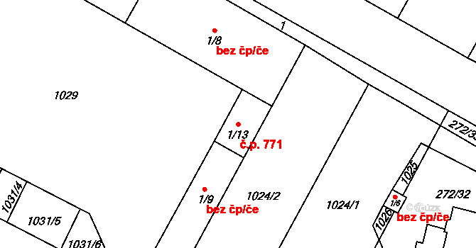 Přímětice 771, Znojmo na parcele st. 1/13 v KÚ Přímětice, Katastrální mapa