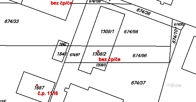Rosice 46034285 na parcele st. 1308/1 v KÚ Rosice u Brna, Katastrální mapa