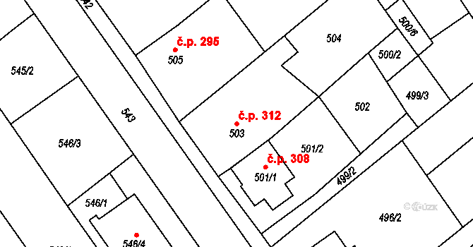 Huštěnovice 312 na parcele st. 503 v KÚ Huštěnovice, Katastrální mapa