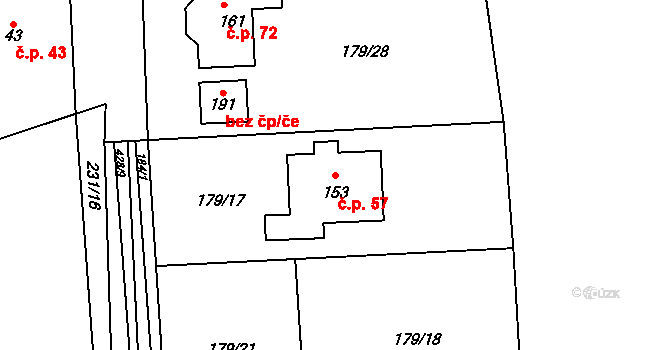 Počaply 57, Sezemice na parcele st. 153 v KÚ Počaply nad Loučnou, Katastrální mapa