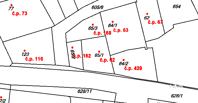 Rosice 62, Pardubice na parcele st. 65/1 v KÚ Rosice nad Labem, Katastrální mapa