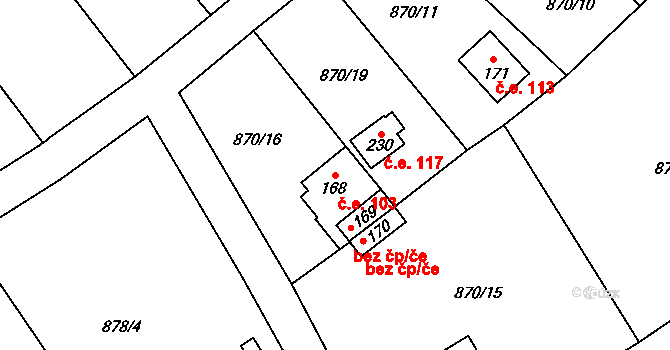 Stadice 103, Řehlovice na parcele st. 168 v KÚ Stadice, Katastrální mapa