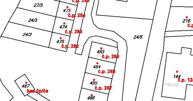 Prostřední Lánov 289, Lánov na parcele st. 483 v KÚ Prostřední Lánov, Katastrální mapa
