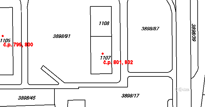 Dobřany 801,802 na parcele st. 1107 v KÚ Dobřany, Katastrální mapa